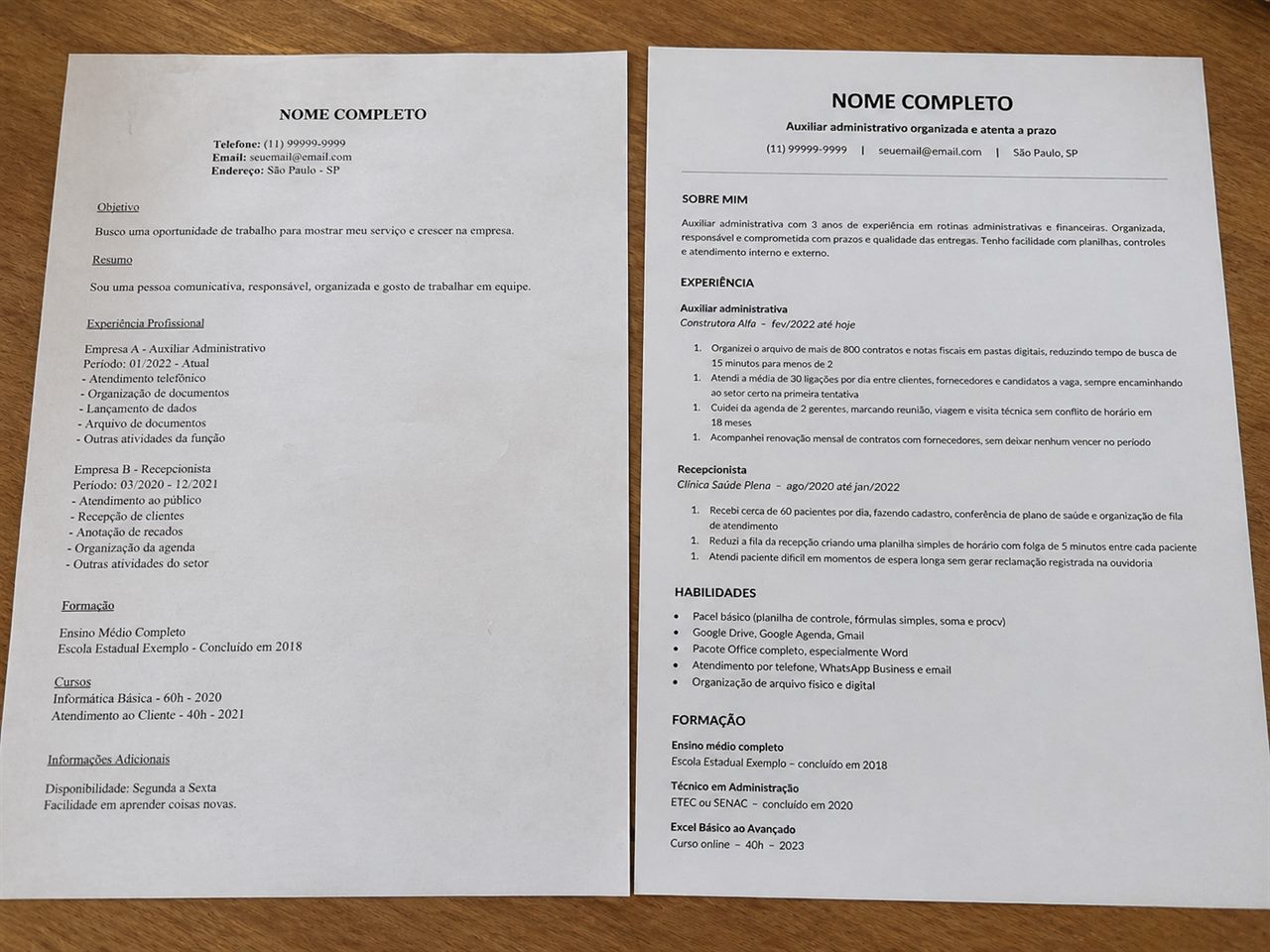 Comparação entre currículo antigo genérico e currículo reescrito com resultados